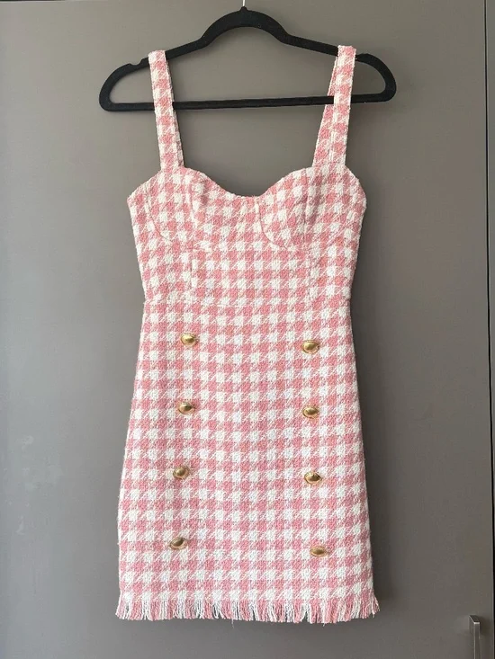 Pink Tweed Mini Dress Women’s Size S Gold Button Houndstooth (black/white avail) - Picture 1 of 13